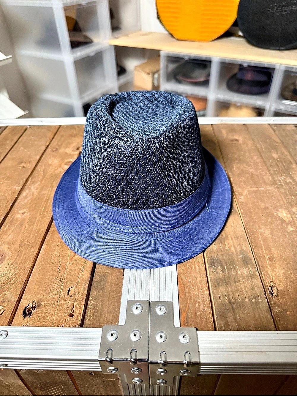 H.U.A. Blue Mesh Fedora Hat Size 58 Lightweight Short Brim